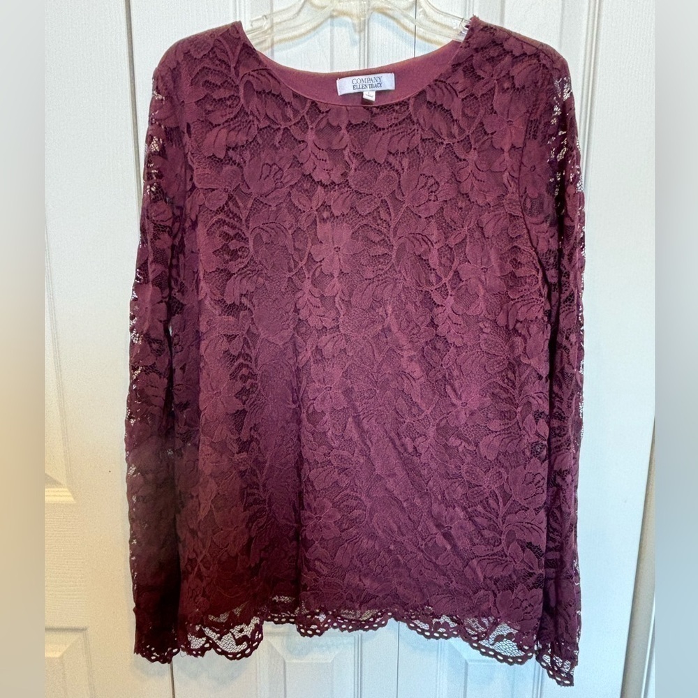 Company by Ellen Tracy Long Sleeve Top Lace Overlay on Body Bordeaux Color Sz L
